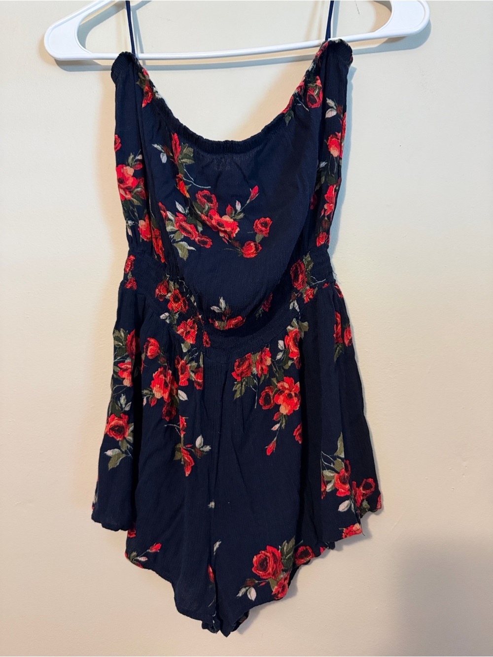 Navy Floral strapless romper - Red Rose Print size medium